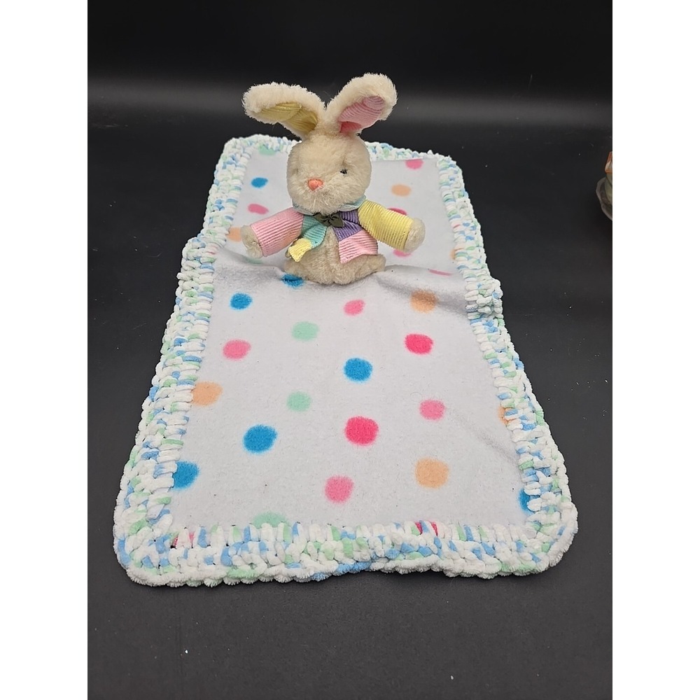 Baby Pastel Crochet Edge Bunny Lovey Blanket Color Block Polka Dot Rabbit
